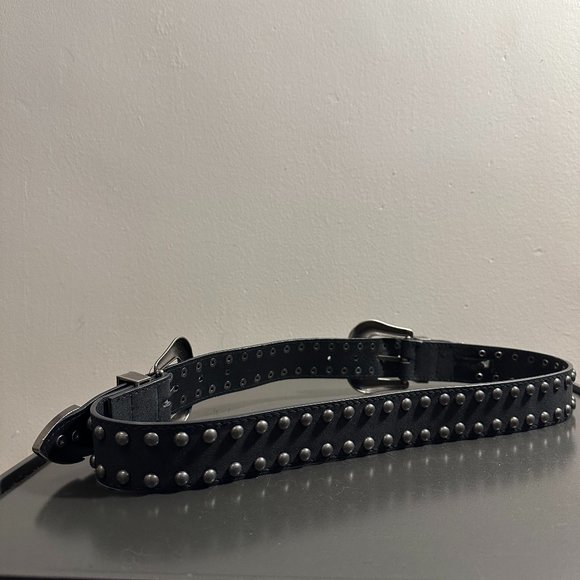 Double Buckle Waist Belt, Black with Pewter Buckles and Studded Rivets - Picture 6 of 6